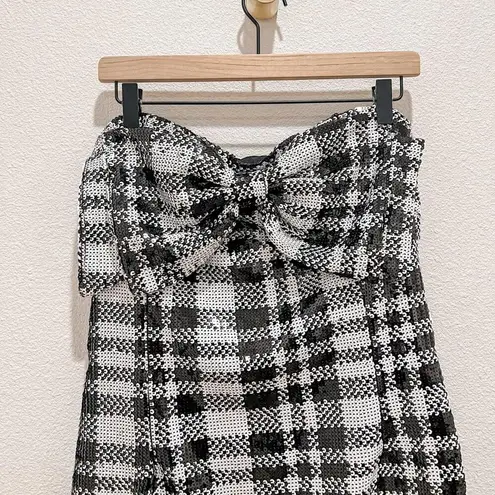 NWT Anthropologie Eva Franco Sequined Plaid Bow Strapless Mini Dress US 10 Black
