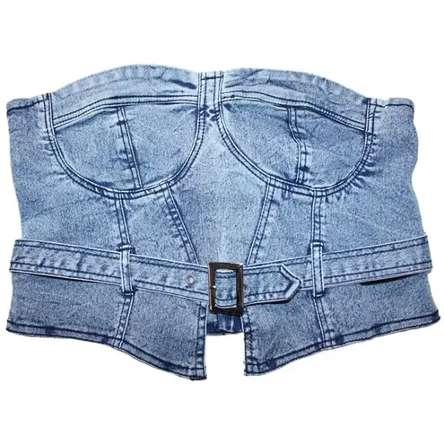 NWT Womens THRILL Jeans Blue Denim Corset Light Wash Belt Crop Top Size Large L