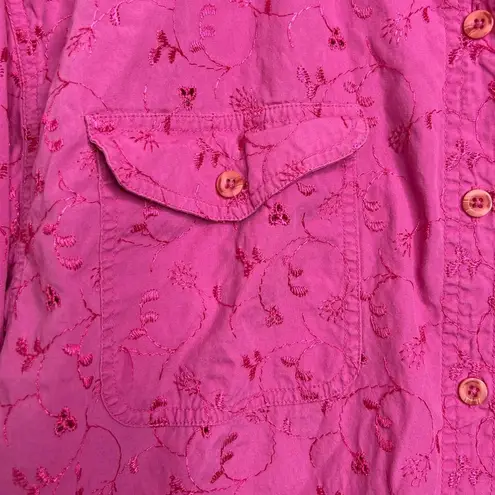 Denim & Co Vintage Pink Embroidered Button Down Shirt Women’s Sz Large Oversized