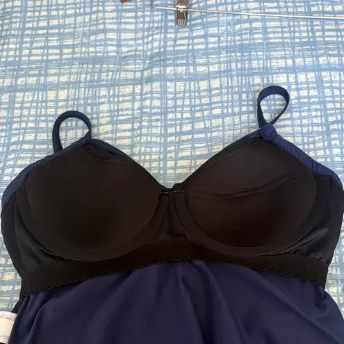 Lands End Tankini and Navy Patterned High Waisted Women's Swim Skirt Plus 14W L Blue