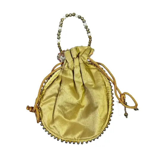 Designer Evening Clutch Beaded Handle Drawstring Pouch Bag Gold