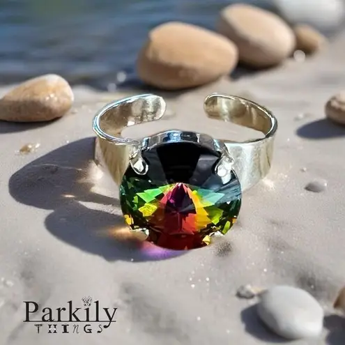 Handcrafted sparkly ring made with medium vitrail Swarovski crystal adjustable Silver
