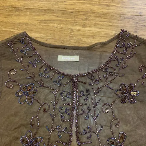 Twenty One Brown Sheer Beaded Cropped Bolero Shrug Jacket Womens Size Medium