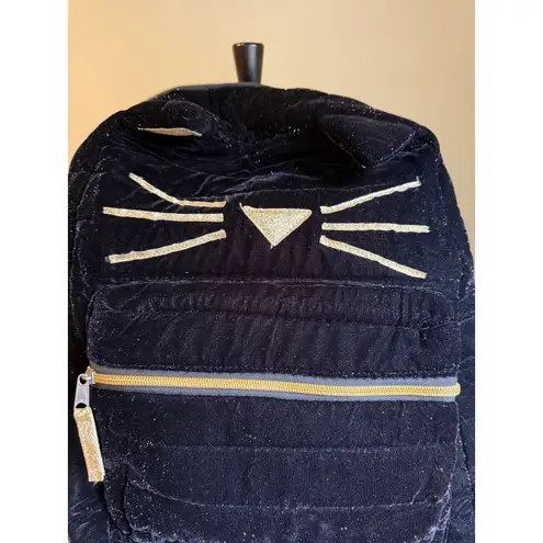 Black gold Velvet Cat Backpack Gold Accent School Travel Bag whimsi Y2K