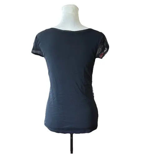 INC Illusion Mesh Overlay Floral Print Top Size S Black Short Sleeve Whimisgoth