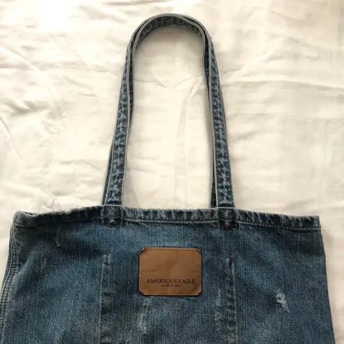 American Eagle 2000s Y2k  Outfitters navy blue denim jean ripped distressed tote bag purse with inner compartment  Excellent condition