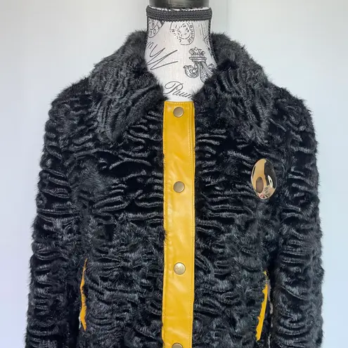 STAUD Buddha black faux shearling fur jacket w/ yellow leather trim size S small