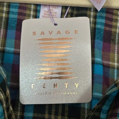 Brand New Savage X Fenty Tied Up Tartan Raw Hem Sleep Shirt Plaid Blue Size XL
