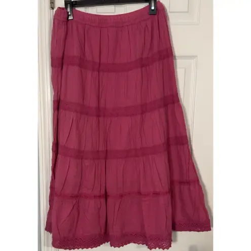 JMB Signature Pink Beaded Peasant Boho Maxi Skirt, Elastic/Tie Waist, Large