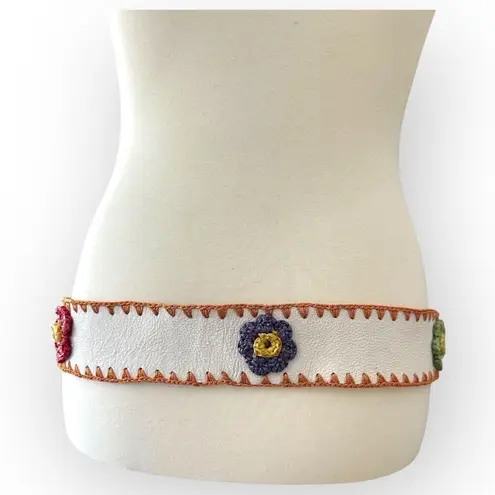 Vintage White Brown Genuine Leather Floral Whipstitch Belt Flowers Applique 90’s