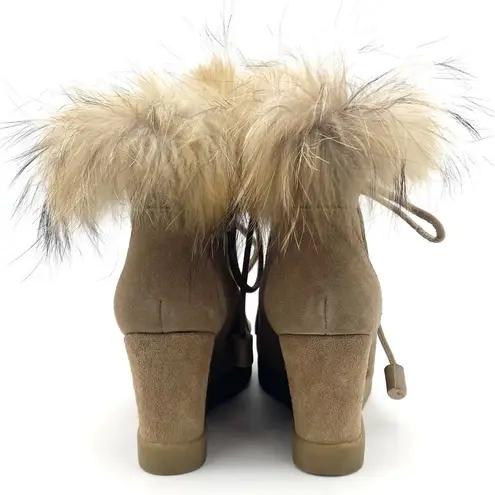Cecelia New York Holly Wedge Bootie Chestnut Suede Fox Fur Lace Up Boot Size 9 Tan