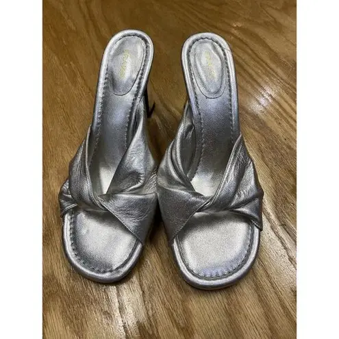 Frame Slide Sandals Women's 8.5 Silver Patent Leather Block Heel Slip-On S64