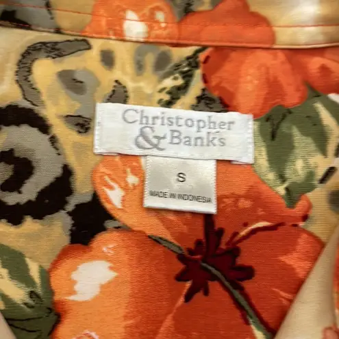 Christopher & Banks Orange Yellow Green Cream Black Abstract Floral Print Blouse