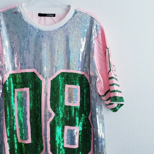 Sequin Jersey Graphic Short Sleeve Shirt Dress Pink Size M