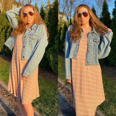 Boutique Intersection Beige/White Striped Short Sleeve T-Shirt Dress Size Small