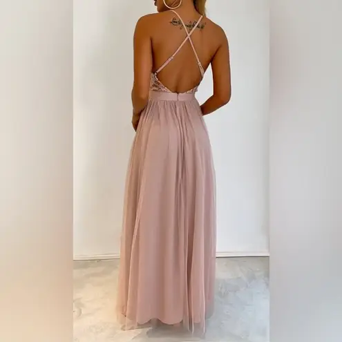 Spaghetti Strap Sequin Crisscross Backless Mesh Prom Long Gown Medium Pink Size L