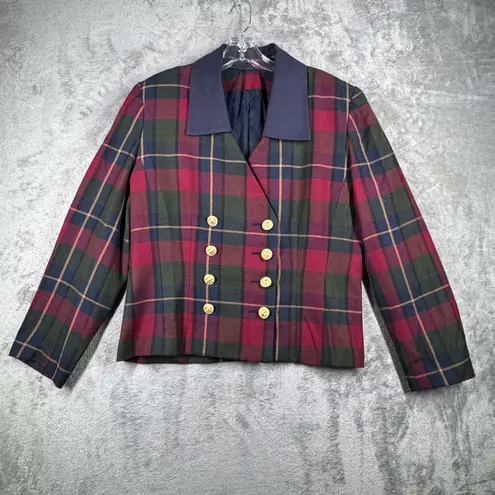 HBS Ltd Blazer 14 Red Green Plaid Double Breasted Gold Button Academia Vintage