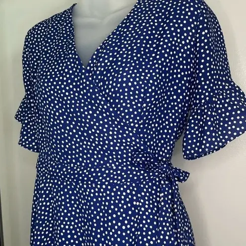 AQUA Blue and White Polka Dot Ruffled Wrap Dress Size Small