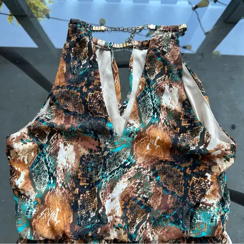 Bisou Bisou Abstract Keyhole Chain Sleeveless Mini Dress in Brown/Blue - Size 10