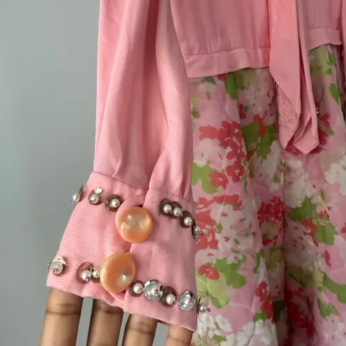 Vintage 60's 70s Handmade Hostess Style Quilted Beaded Maxi Dress Retro Pink Size XL