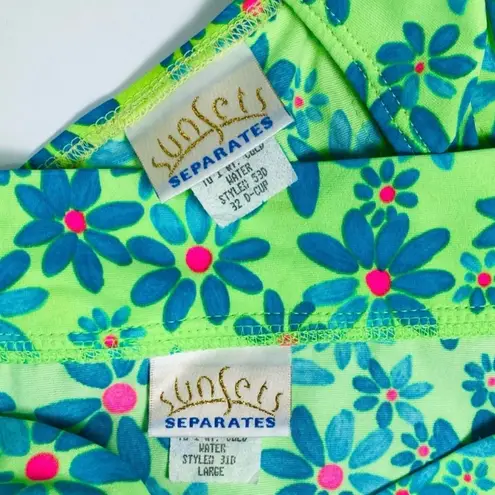 VINTAGE 90s SUNSETS Neon Floral Bikini Set Green Size L