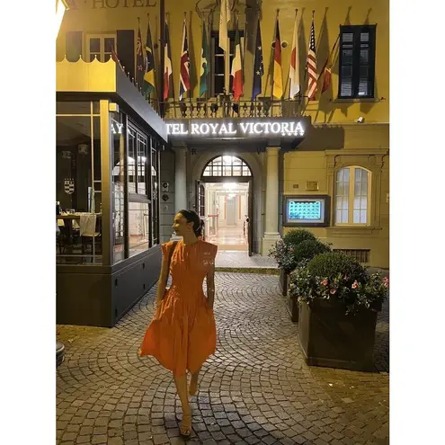 EUDON CHOI x RTR Orange Smocked Waist Hourglass Shape Back Tie Mini Dress Size 8