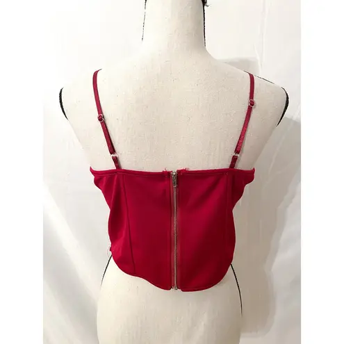 Red Lace Corset Crop Top – Zipper Back, Faux Leather Tie