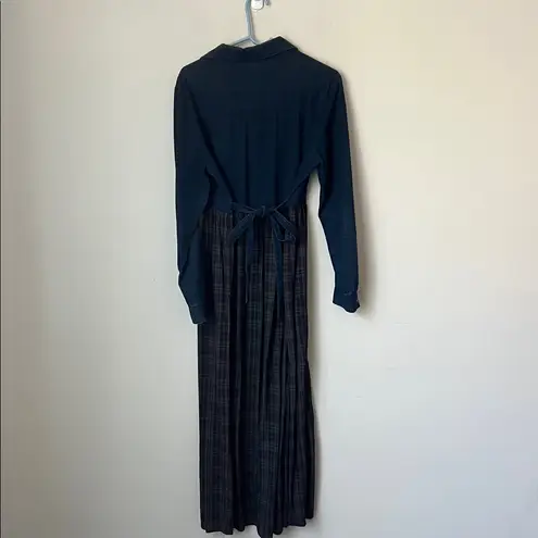 90s Studio Ease Cottagecore Vintage Denim Plaid Maxi Dress Long Sleeve Sz 10 Blue