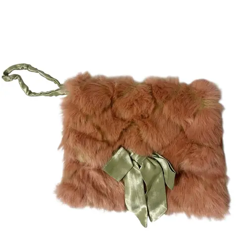 Wills River Co Pink Plush Faux Fur Wristlet Bag Green Satin Lined Y2K Retro