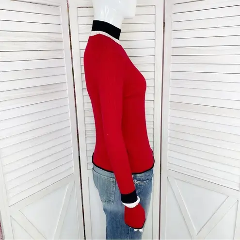 ZARA  Mock Neck Ribbed Knit Pullover Shirt Red Black Small Long Sleeve