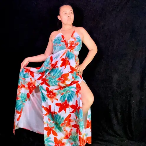 Vibrant Floral Halter Maxi Dress Orange Size undefined