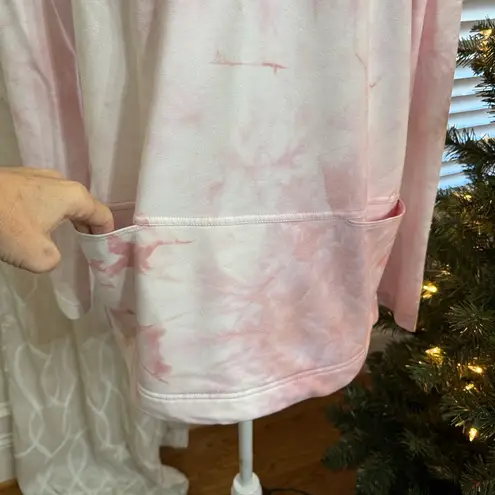 MELLODAY Tie Dye Hoodie Long Sleeve V Neck Pullover Pink White pockets XL
