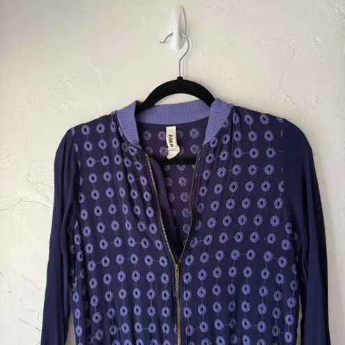 Amadi Anthropologie Bomber Jacket Navy Eyelet Embroidered Zip Front Size S Blue