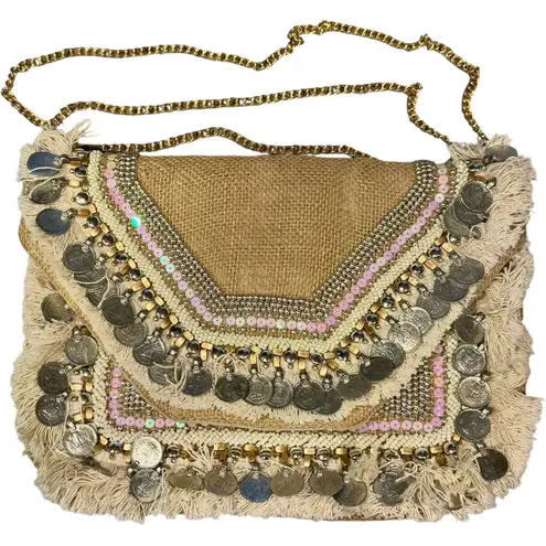 Bohemian Boho Chic Clutch Woven Beaded Coin Crossbody Bag Purse Tan