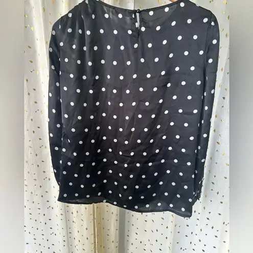 Maris Stella Silk Polka Dot Scoop Neck Long Cuff Sleeves Prairie Blouse Top L Black Size L