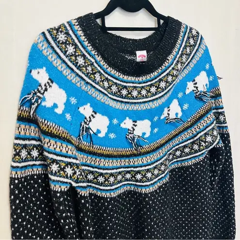 Holiday Time Womens Soft Black & Blue Sparkle Polar Bear Christmas Holiday Sweater