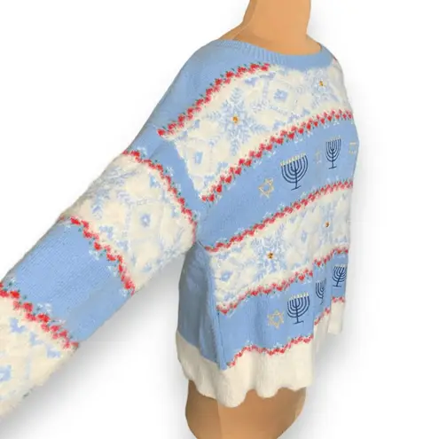 Celebrate Hanukkah Crewneck Pastel Blue Knit Pullover Sweater Menorah Star XXL