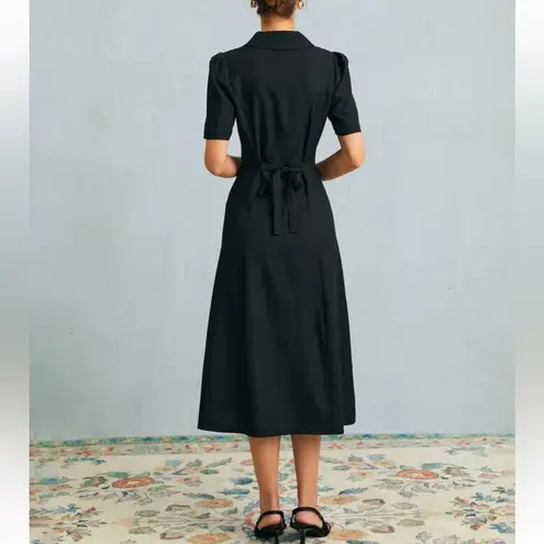 Rihoas Black V Neck Button Puff Sleeve Midi Dress