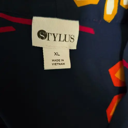 STYLUS Navy Floral Secretary Bow Tie Blouse Long Sleeve XL Retro Geek Blue