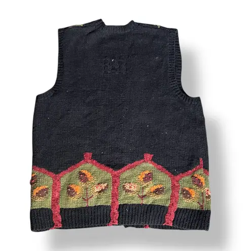 Vintage Marisa Christina Hand Knit Black Leaf Sweater Vest Black Autumn Cozy Size M