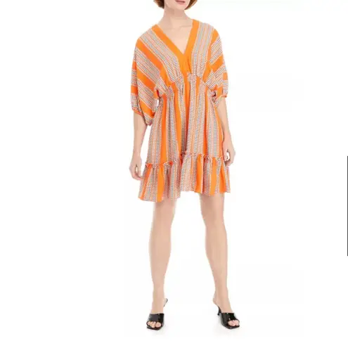 Taylor Stripe Print Orange Fit and Flare Dress Elbow Sleeve V