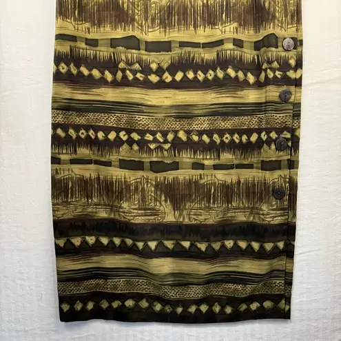 R & K Green Brown Tribal Print Sleeveless Maxi Shift Dress Size 8 Button Accents