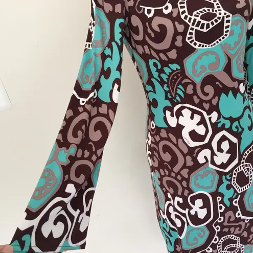 Milly Bergdorf Goodman Silk Bell Sleeves Brown Green Dress Women's Size S