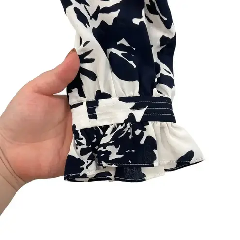 Marie Oliver White Navy Blue Floral Print Long Sleeve Silk Blouse Size Large