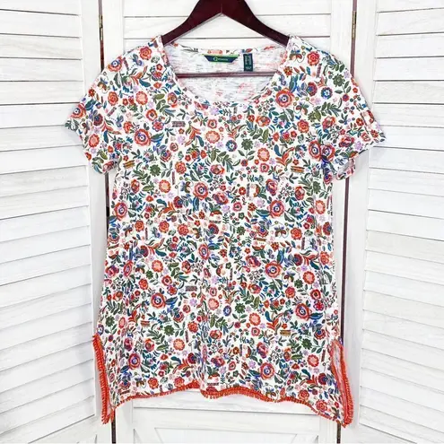 C Wonder Floral PomPom Hem Tunic Tee Shirt White Multi XXS