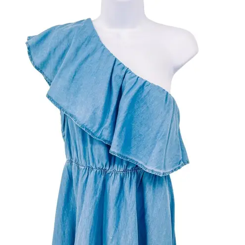 Urban Outfitters Red Camel One Shoulder Ruffle Chambray Denim A-Line Blue Dress Large