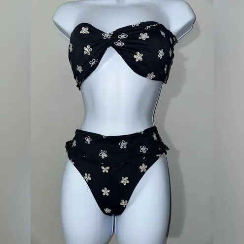 Peony Swimwear Twist Bandeau Bikini Top (M) & High Waist Bikini Bottom (S) Set Black Size M