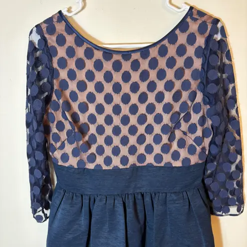 Eliza J Navy Dot Mesh Bodice Fit & Flare Dress Size 6