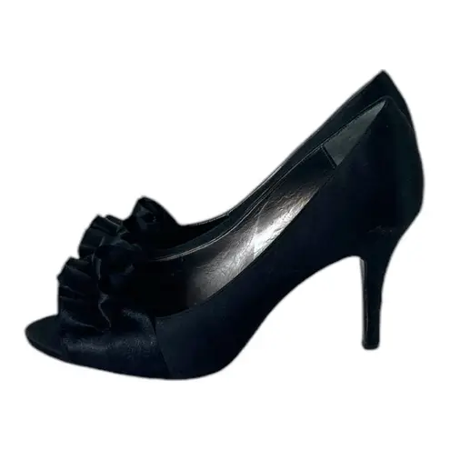 Nina Pump 3 1/2” Heel Black Satin Ruffle Peep Toe Closed Back Women’s Size 7.5M