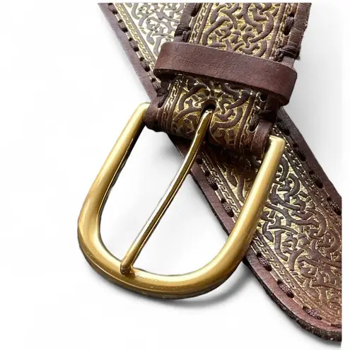 Golden Embossed Brown Leather Belt with Solid Brass Buckle size Medium